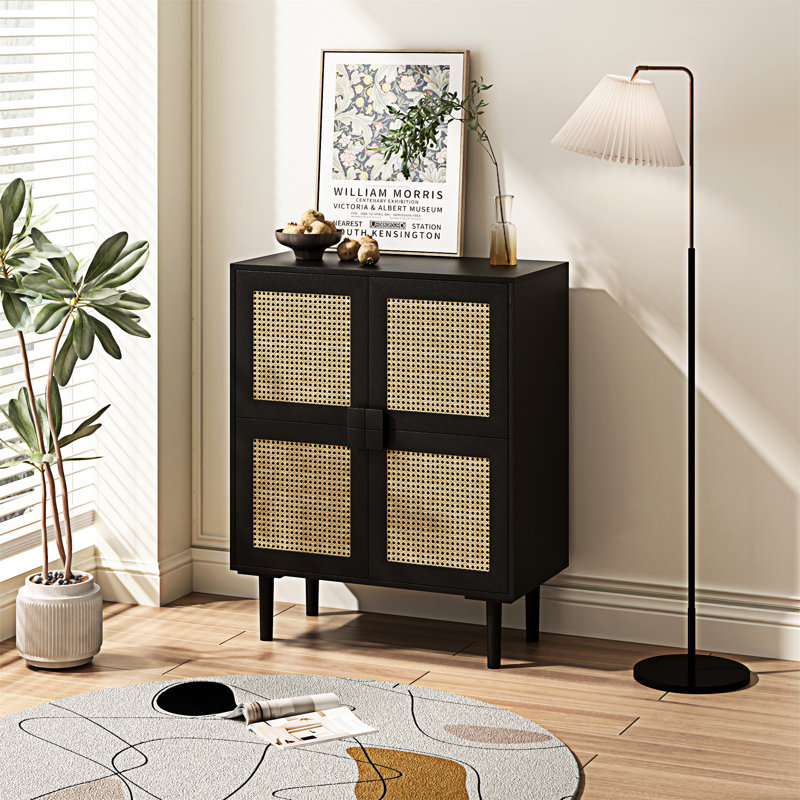 4-Doors Rattan Mesh Storage Cabinet, Black