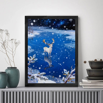 Black Frame Magical Christmas Snowy Deer Winter Wall Art Enchanting Festive Decor Frame Print