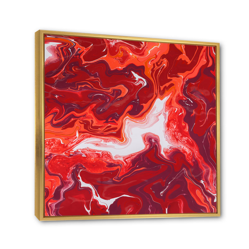 Red and White Marble Ripples - reproduction d'art moderne sur toile, H 30 po x l 30 po x P 1 po, Cadre flottant doré