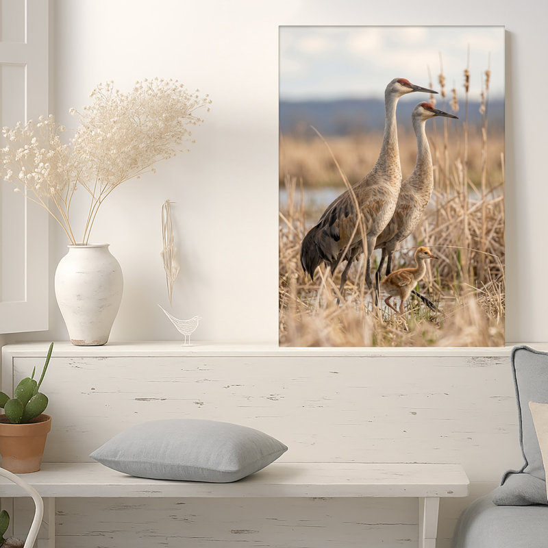 «Sandhill Cranes and Chick in Tall Marsh Grass Field», art mural sur toile, 48"H x 32"W