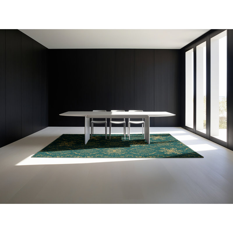 Tapis abstrait moderne et contemporain lavable à la machine de Noël en bleu Rhawnhurst - reliure vert sauge, 8 x 12