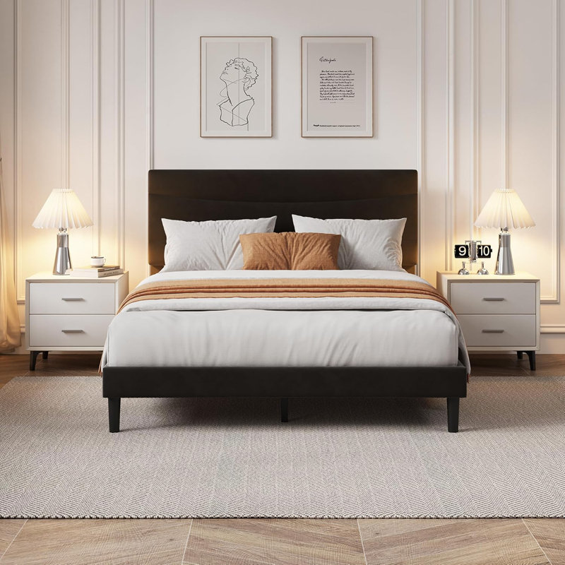 Queen Size Velvet Upholstered Platform Bed Frame with Headboard, Wood Slat Support, Under-Bed Storage, No Box Spring Required, Black, Modern Bedroom