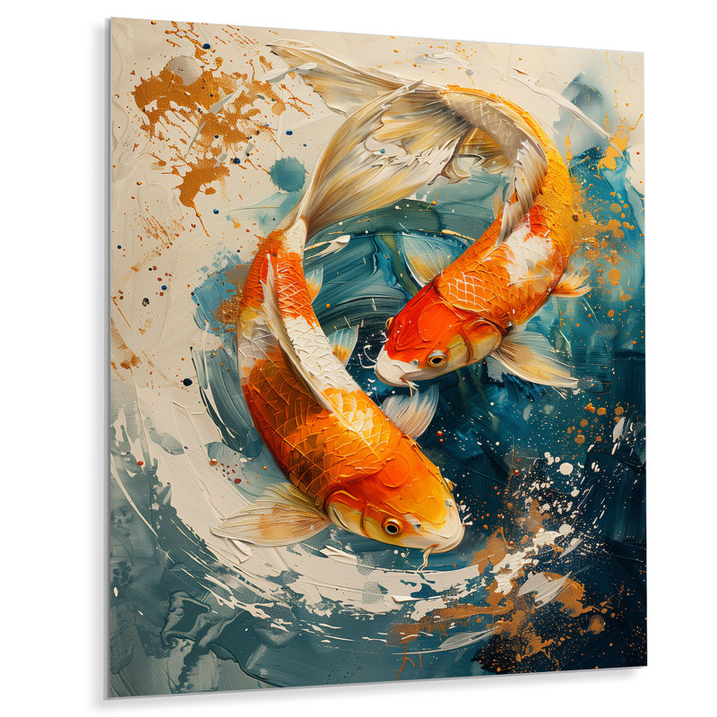 Orange, vert, poisson passionné, poisson Koi I - poisson, art mural, Sans cadre, métal, H 44 po x l 34 po