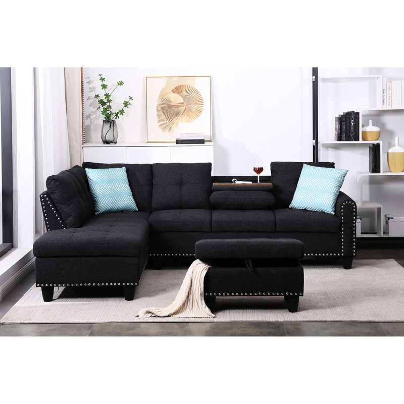 Canapé modulaire en forme de L 3 pièces pour marathons de cinéma, 4 places, siège central escamotable avec porte-gobelets, deux coussins décoratifs assortis et rangement intérieur assorti, structure en bois massif et en bois d'ingénierie