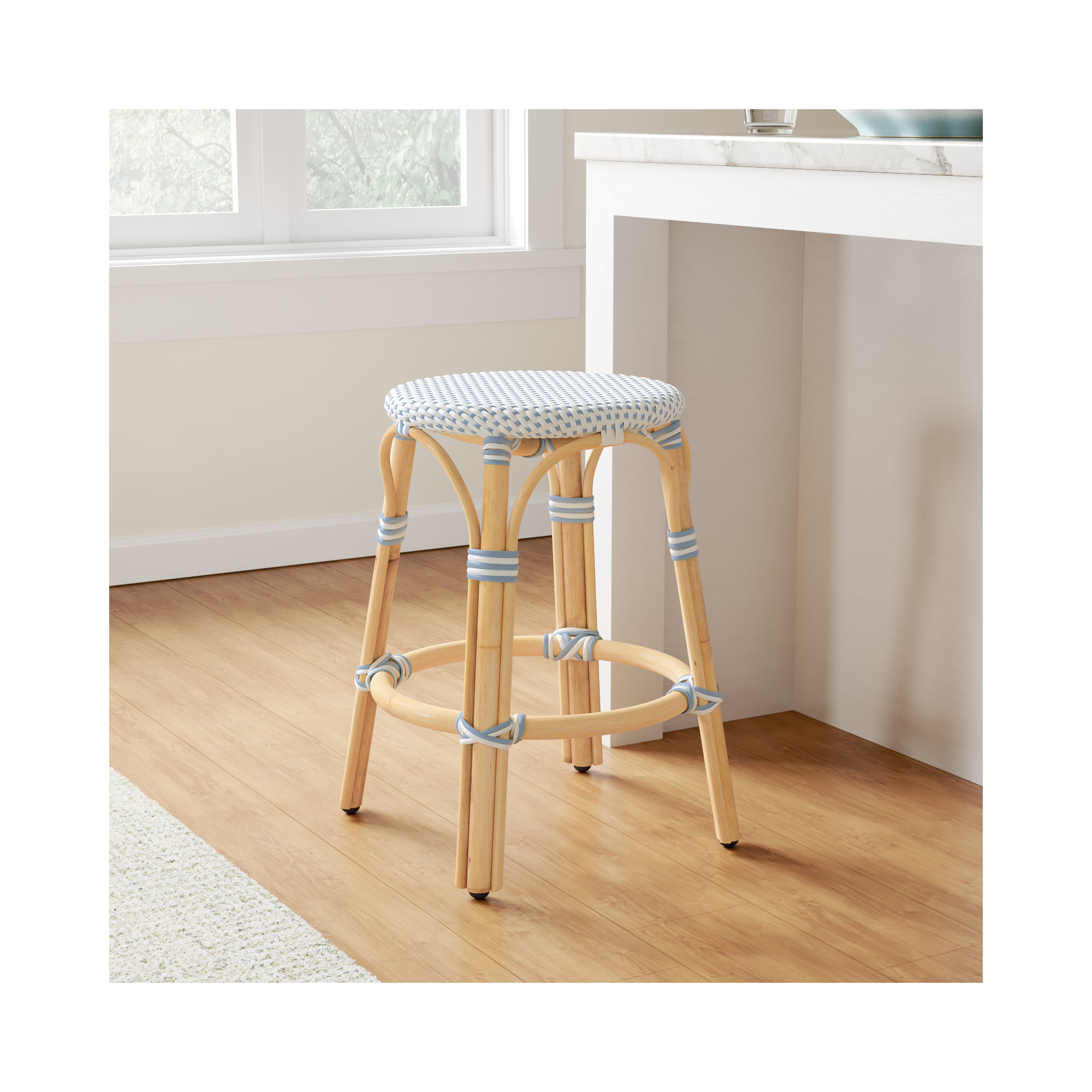 Alastair Bar & Counter Stool, Counter Stool (24" Seat Height), White/Sky Blue Dot/Natural Rattan Frame