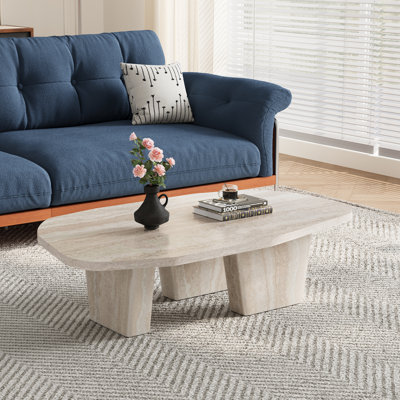 47'' Mid Century Modern Coffee Table, Irregular Wood Coffee Table with Three Legs for Living Room, Office, Beige