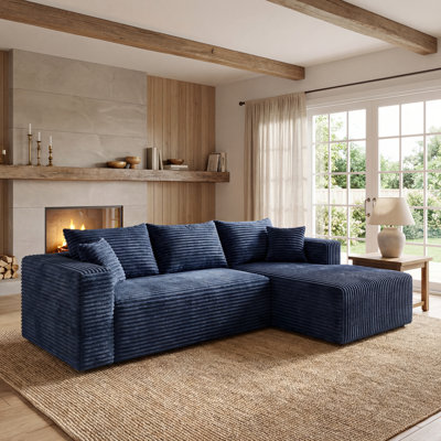 Modular Sectional Couch Corduroy Compression Sofa With Pocket Spring, Modern Deep Seat Convertible Sleeper Sofa Bed，Upholstered Couches For Living Room Blue