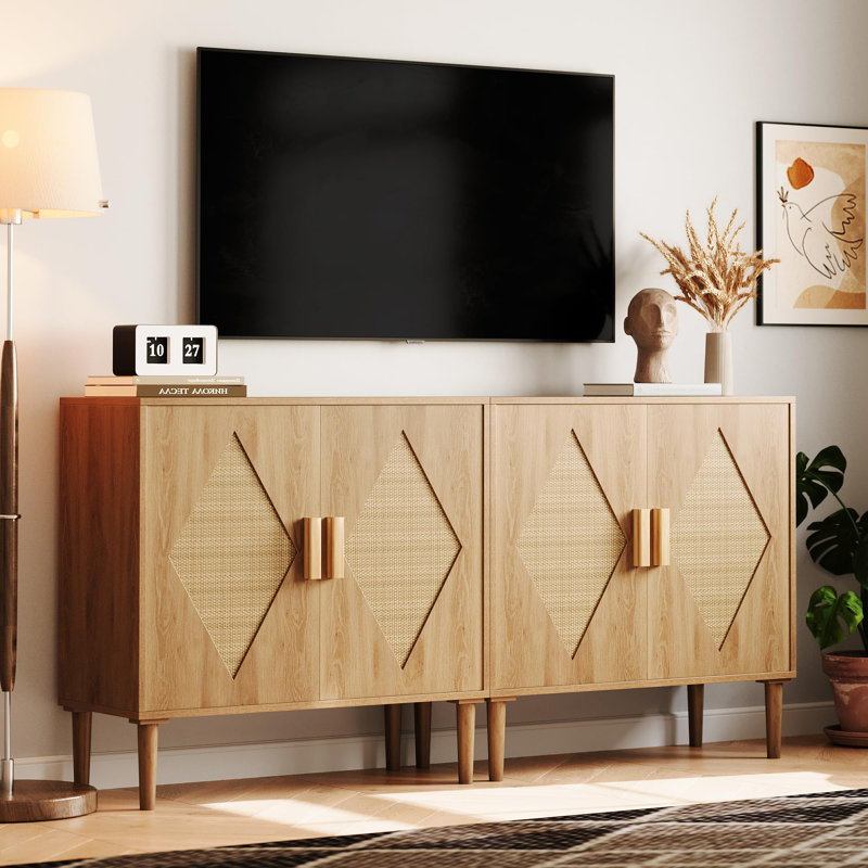 Buffet, armoire de rangement avec portes en rotin