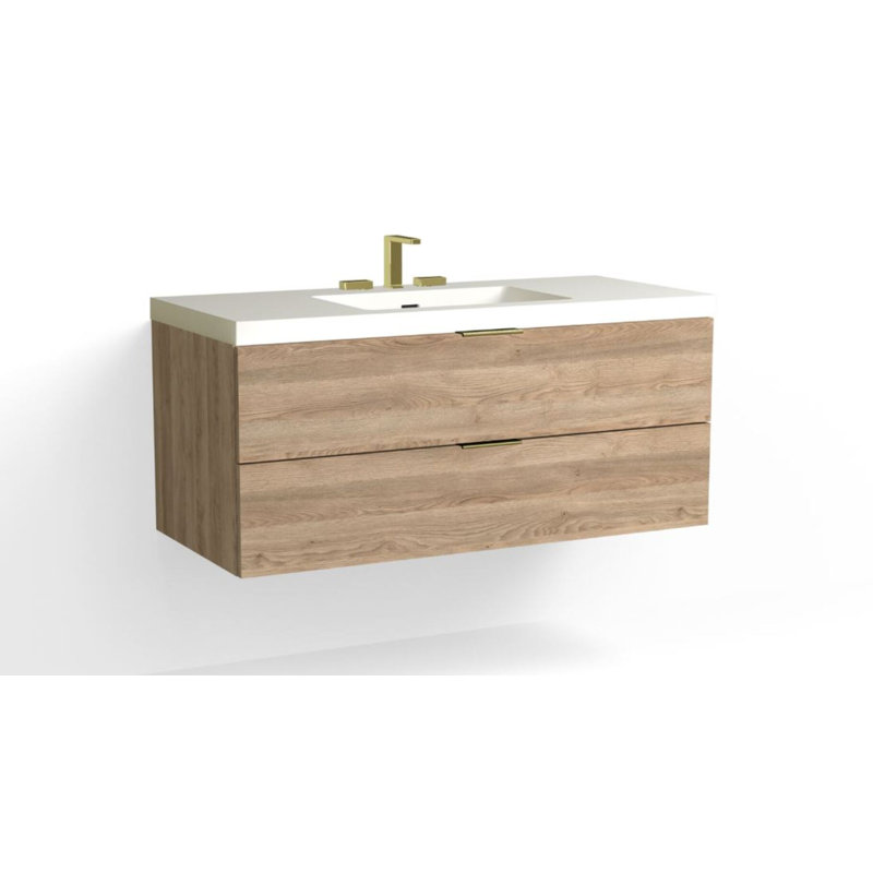 Avila 48" W Wall Mounted Single Bathroom Vanity, Charred, Matte White/8" Widespread, Satin Brass