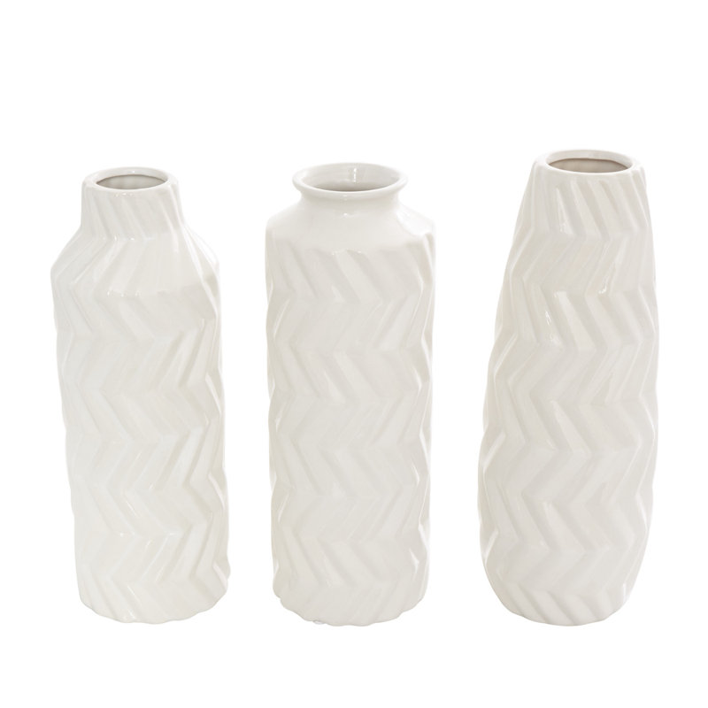 Elvita Ceramic Dimensional Chevron Textured Decorative Vase with Varying Shapes Set, White