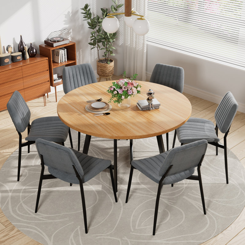 Table de salle à manger ronde avec chaises en tissu de lin, 7, Gris, Naturel