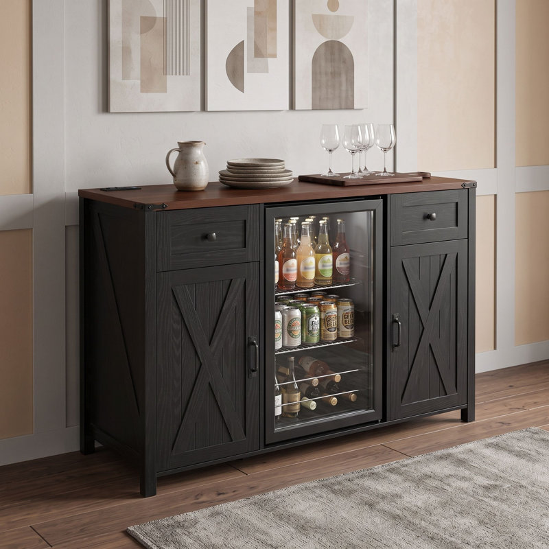 Mini armoire de réfrigérateur avec prise de courant, 2 tiroirs, tablettes réglables, supports à verres à vin et gestion des câbles