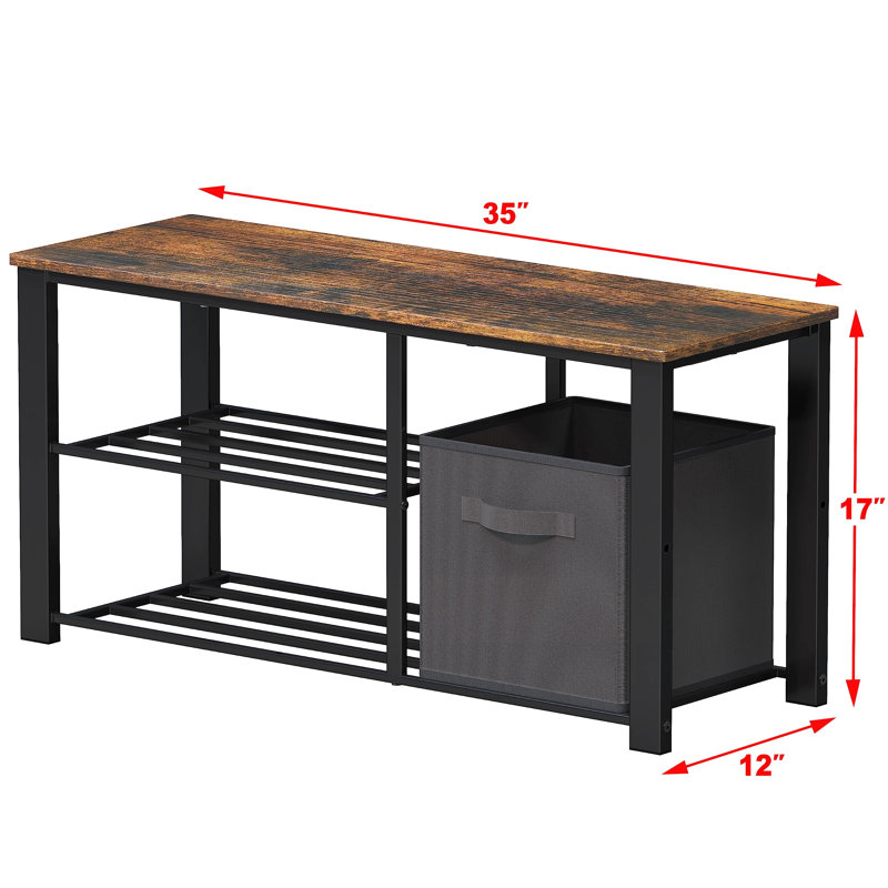 Rustic Brown Shoe Bench, 2-Tier, Metal Frame, 35"W, Storage Bin For Entryway, Bedroom, Hallway