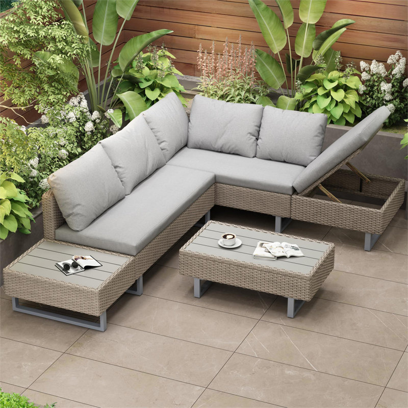 Krisy Rattan 5 - Person Seating Group With Cushions, Beige, Light Grey