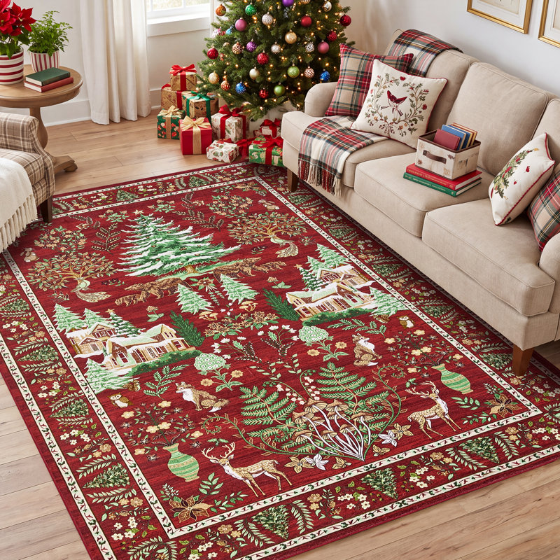 Tapis de Noël bohème vintage, tapis de forêt de Noël, tapis de chambre, tapis de sol rétro pour salon, Vert, 4*6