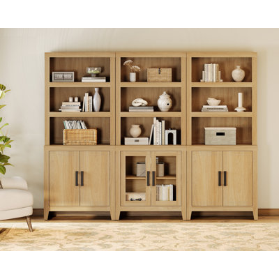 74" Tall Bookshelf With Doors, Large Bookshelf Set Of 3 ,Farmhouse Bookcase With Open Shelves For Living Room, Home Office, Library