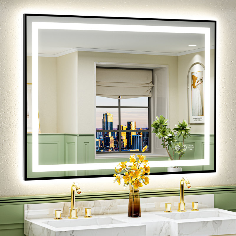 Matte Black Matel Framed LED Bathroom Mirror with Front-lit and Back-lit, Memory Function, 3 Color Temperatures & Dimmable Light, Anti-fog Tempered Glass