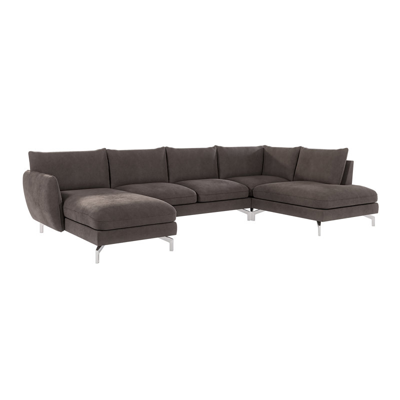 Modern U-shape Kimo Corner Sofa with Silver Metal Legs, Left Hand Facing, Brown - Khaki