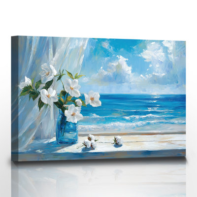 Rustic Wall Art Window Seascape Seaside Scenery Painting Pictures White Gardenia Canvas Prints