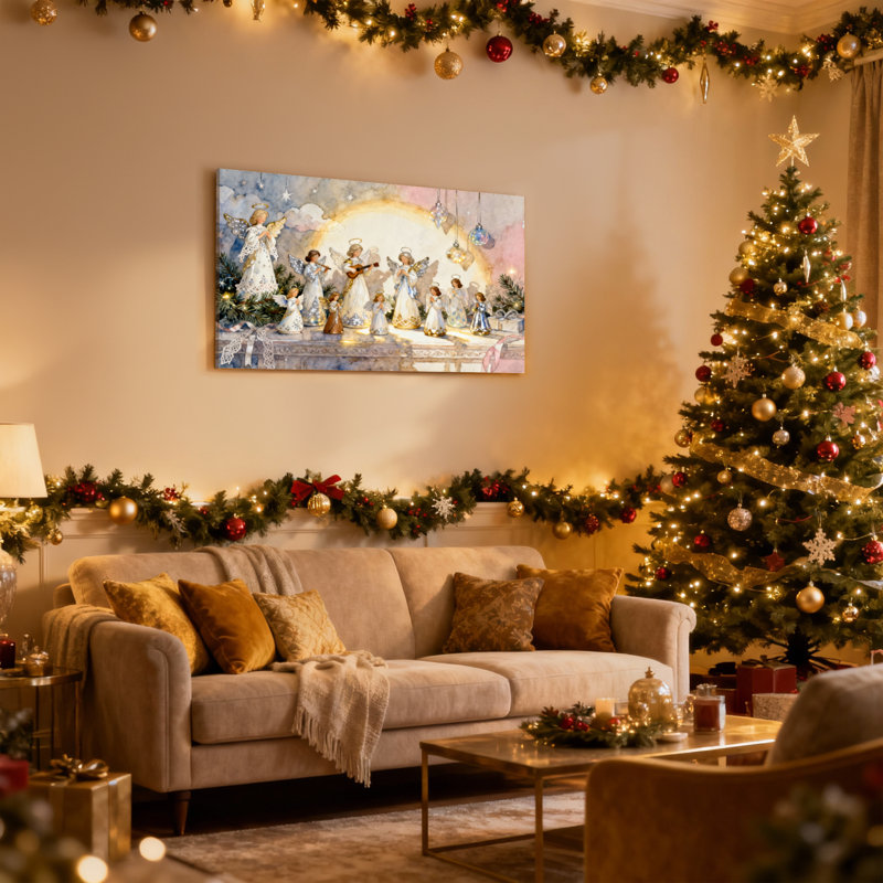 «Christmas Angels Singing Christmas Scene With Ornaments», ensemble de 3 impressions sur toile, H 16 po x l 24 po
