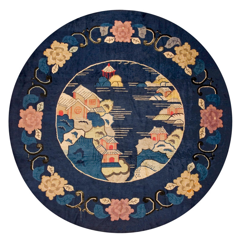 A Navy Blue Color With Florid & Beautiful Scenery as Design Antique Chinese Rug