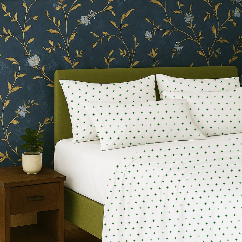Plus Embroidered Cotton Sheet Set, Green, Full Sheet Set