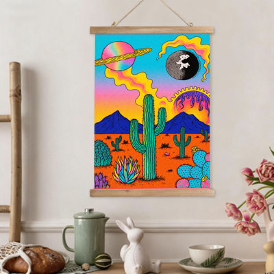 Scène psychédélique de cactus du désert, art mural à volutes suspendues, 16 x 24, cintre encastré en bois
