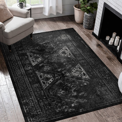 Low-Pile 5X8 Area Rug, Washable, Stain For Bedroom - Black/Gray Non-Slip Backing, Non-Shedding Black Gray