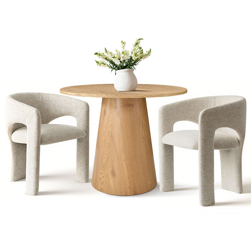 3-Piece Round Dining Table Set With Upholstered Armchairs, Oak