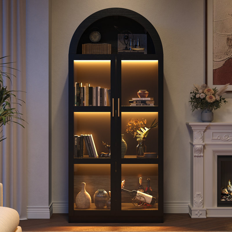 71” Arched Storage Curio Cabinet With Glass Doors, 3-Tier LED Display Cabinet For Collectibles, Black