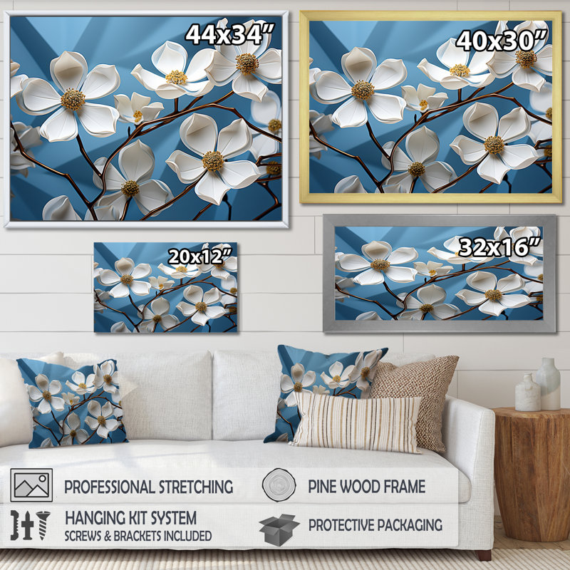 Cubiste cornouiller fleurs harmonie sur toile, Cadre flottant blanc, H 24 po x l 32 po x P 1 po