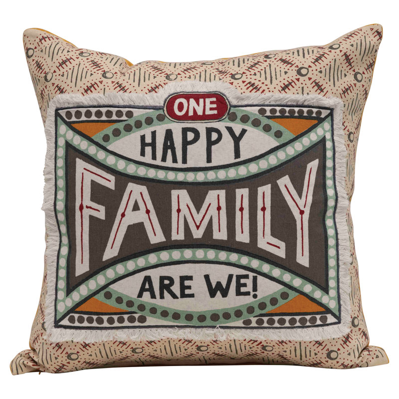 One Happy Family Are We! Reversible Cotton Stamp Pillow with Solid Back