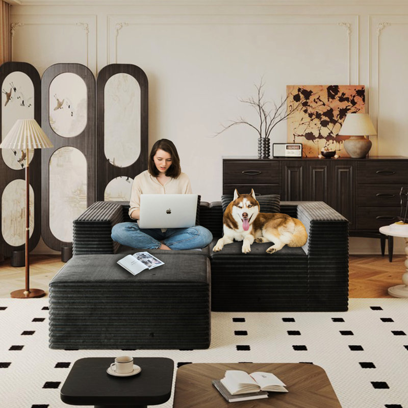 Velours côtelé modulaire, 2 places assises + 1, mousse à mémoire de forme à haute densité, gris, sans assemblage pour le salon modulaire gris avec coussins et espaces invités