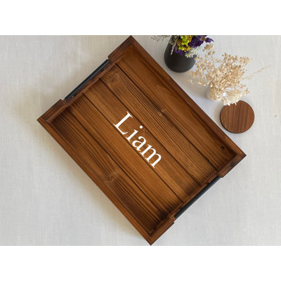 17x13 Personalized Rustic Dark Brown Wooden Serving Tray with Handles – Ottoman & Coffee Table Tray