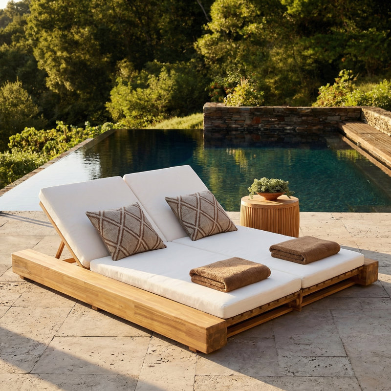 Double chaise longue d'extérieur en bois d'acacia Atua avec coussins hydrofuges et dossier réglable, Crème