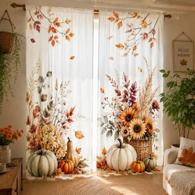 2Pcs Autumn Harvest Pumpkin Floral Print Curtains, Light Filtering Fabric, Festive Fall Theme, Sunshade and Privacy Protection, Rod Pocket Design, for Living Room Bedroom Home Decoration