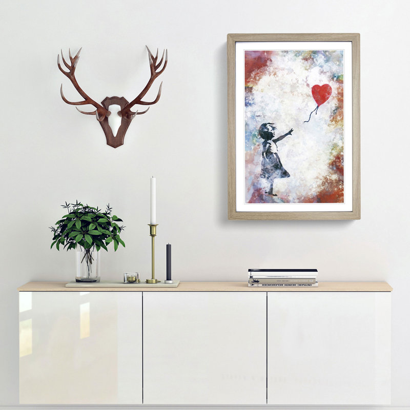 The Girl With A Red Balloon In Abstract by Banksy - Single Picture Frame Print on MDF, 50cm H x 35cm W x 2cm D, Oak Framed