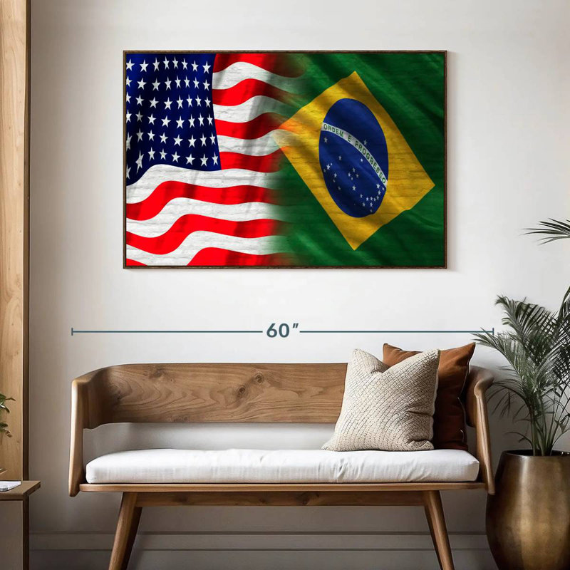 Drapeau des États-Unis et du Brésil, 46 po x 31 po, Cadre flottant en noyer