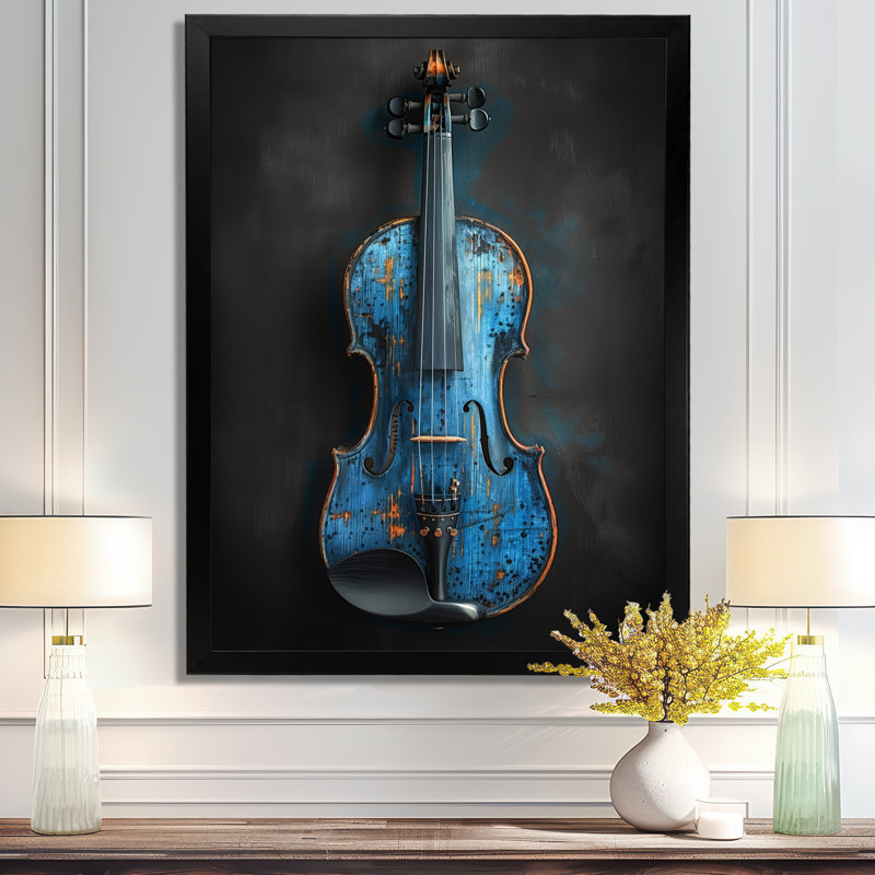 Charme de violon monochrome gris et bleu - musique Jazz Art mural, H 20 po x l 12 po x P 1 po, Cadre simple noir
