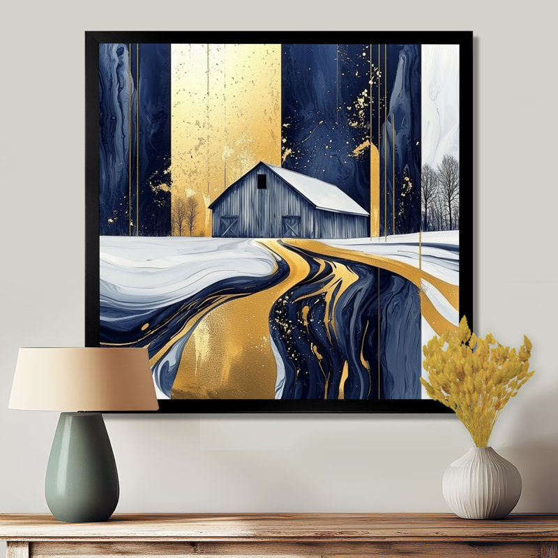 Abstrait bleu et or grange II - art mural grange, H 30 po x l 30 po, Reproduction encadrée, Noir
