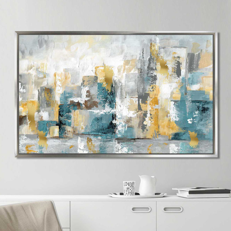 «City Views I», reproduction de peinture acrylique, H 39,5 po x l 63,5 po x P 2 po, Cadre flottant argent