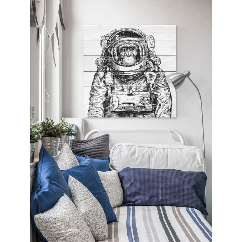 «Space Monkey», reproduction sur bois blanc, H 18 po x l 18 po x P 1,5 po