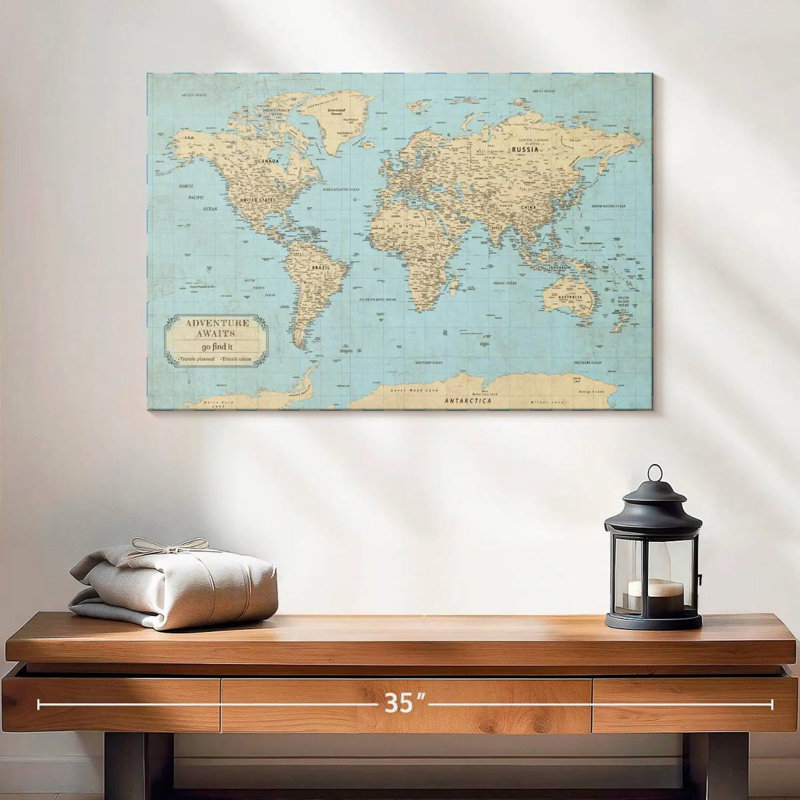 «Adventure Awaits IV Push Pin World» Amrico, H 16 po x l 24 po
