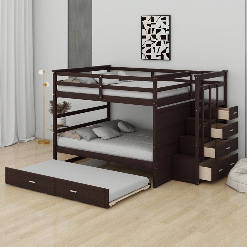 Bunk Bed With Trundle Bed And Staircase, Espresso