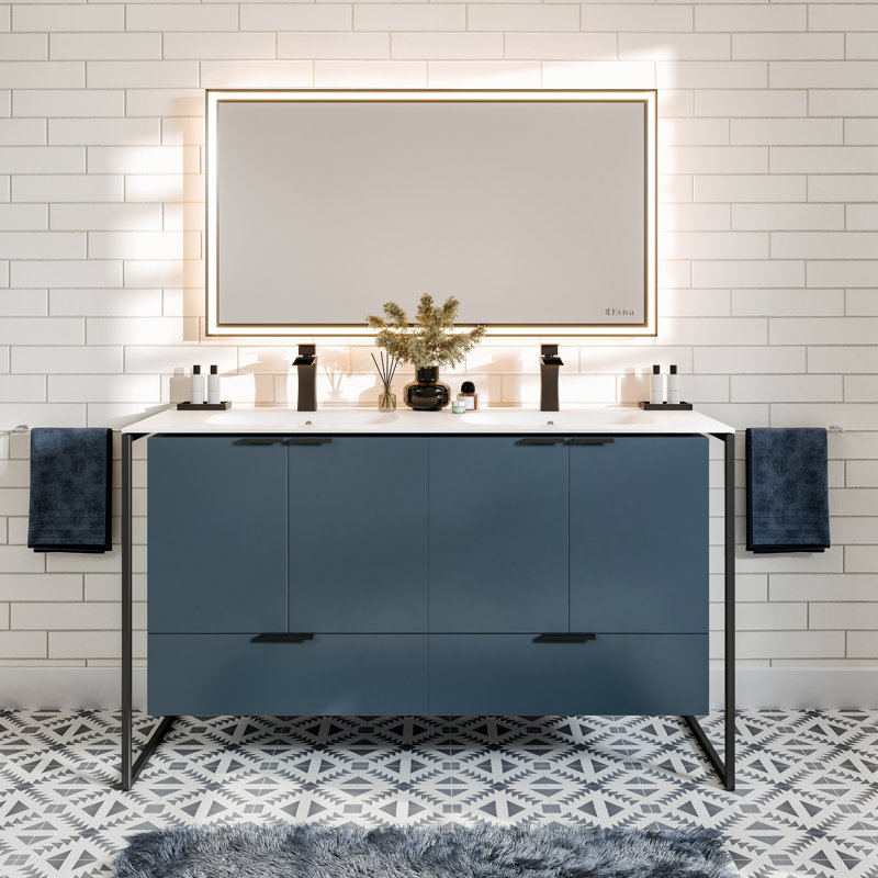 Mendiola  Meuble-lavabo mural double avec surface solide et lavabos intégrés, Bleu