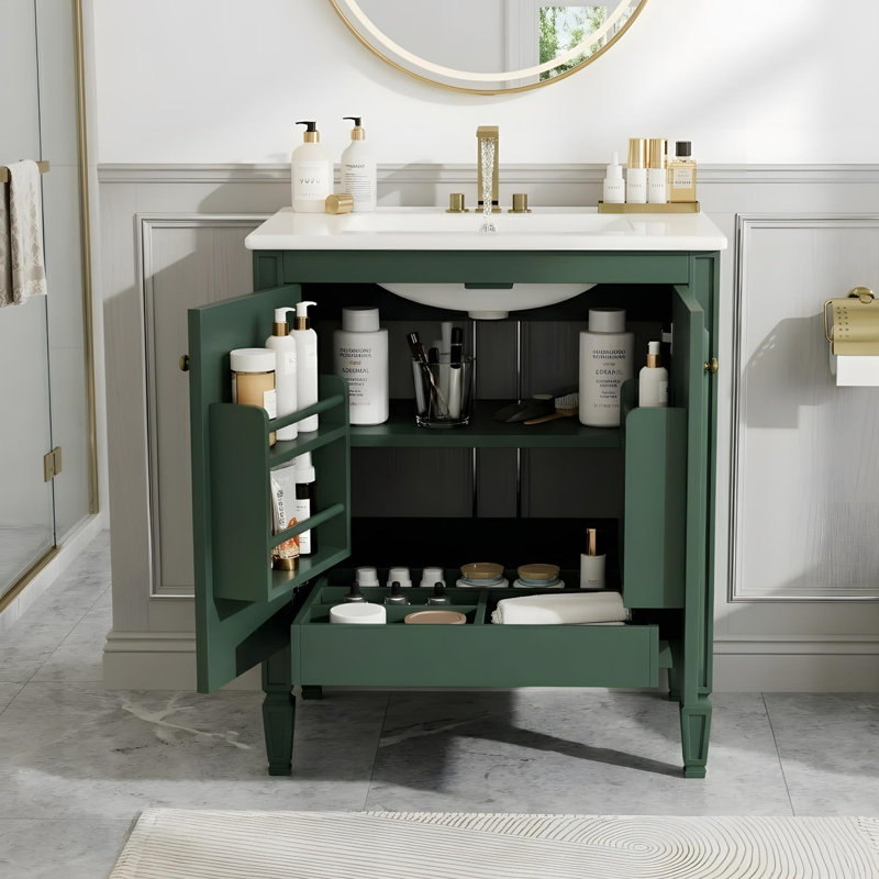 Meuble-lavabo de 30 po avec lavabo en céramique, 2 portes à fermeture douce, tablettes réglables, compartiments de rangement et tiroirs
