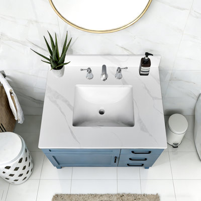 31 - Inch White Quartz Vanity, Single Middle Undermount Sink, 4 Backsplash, 3 Faucet Holes, Heat , Ideal For Bathroom Remodel Design Vanity Top, Bowl, High Pre Drilled Stain American Luxury Upgrade