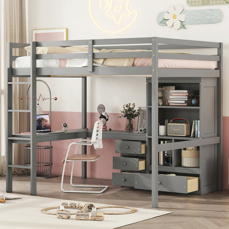 Loft Wood Bed with Desk, Storage shelves and Drawers, Built-in Ladder, High Loft Bed with Desk, Storage Shelves and Drawers,Guardrails