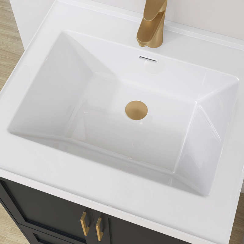 24 Inch Solid Surface Bathroom Vanity Top with Integrated Single Sink, Bright White 2" Thick Countertop, Raised Edge & Backsplash