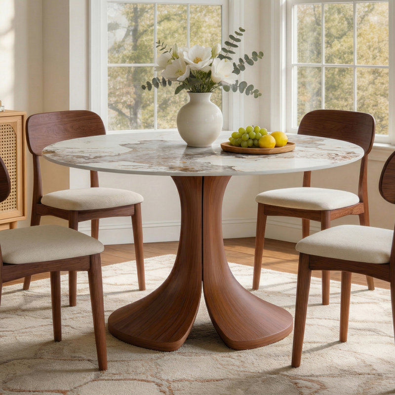 Aurora 39"/43" Modern Round Dining Table With Hand-Crafted Solid Wood Pedestal Base -  Circular Kitchen Table For Small Spaces & Breakfast Nooks